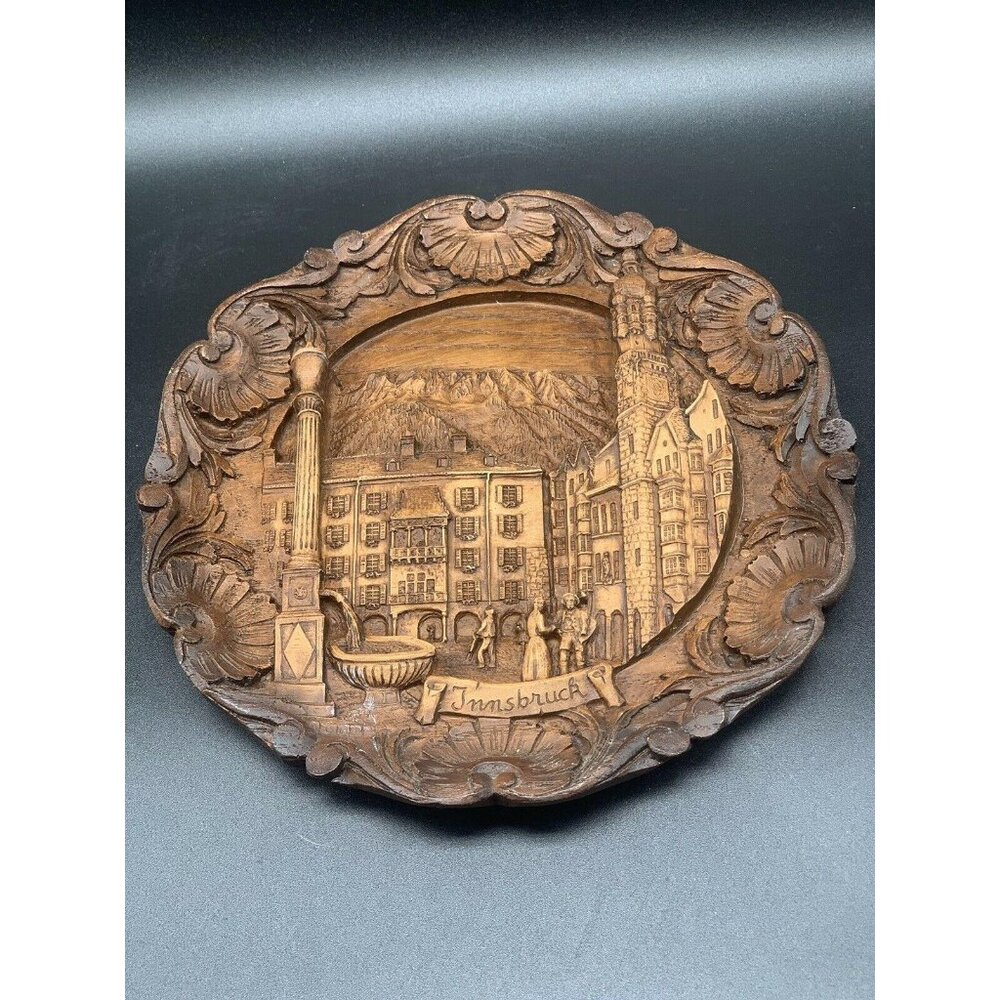 Hand Carved Plate Plaque Innsbruck Austria Edelweiss wall Decor 9" Vintage